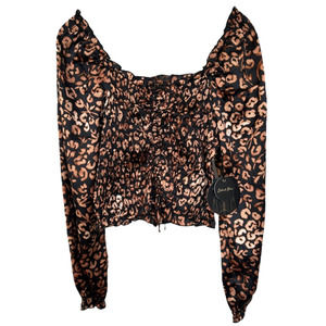 Japna Women's Smocked Bodice Blouse Long Puff Sleeve Ruched Size M Leopard Print